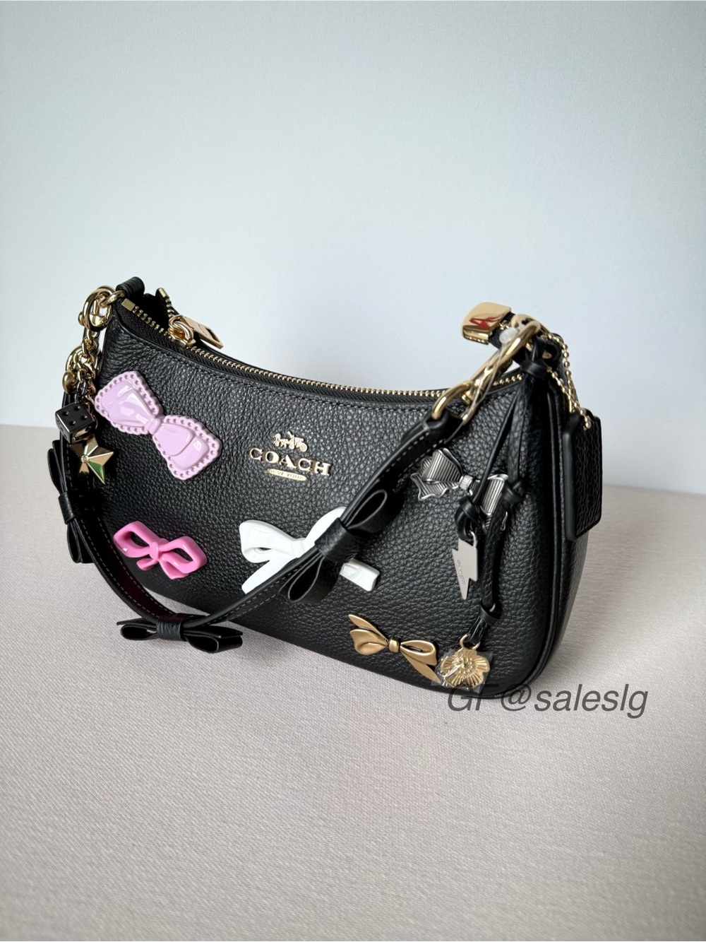 Coach Teri Shoulder Bag Black Pebble Leather Bow Charm Set CDY93 NWT - Picture 9 of 15